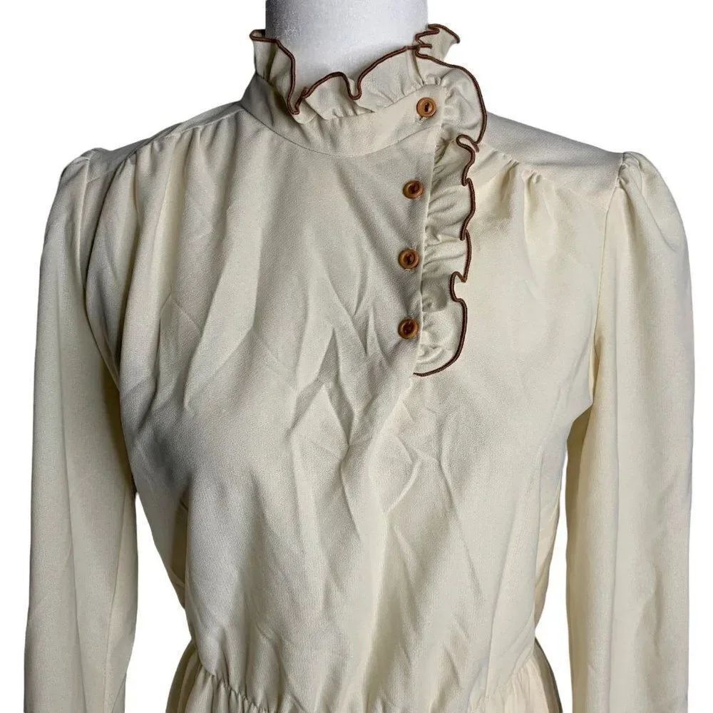 Vintage 70s Sheer Knit Sheath Dress S Cream Long Sleeve Ruffle Collar Buttons